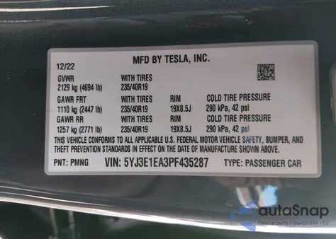 2023 Tesla Model 3 Rear-Wheel Drive из США, поврежденный, VIN 5YJ3E1EA3PF435287